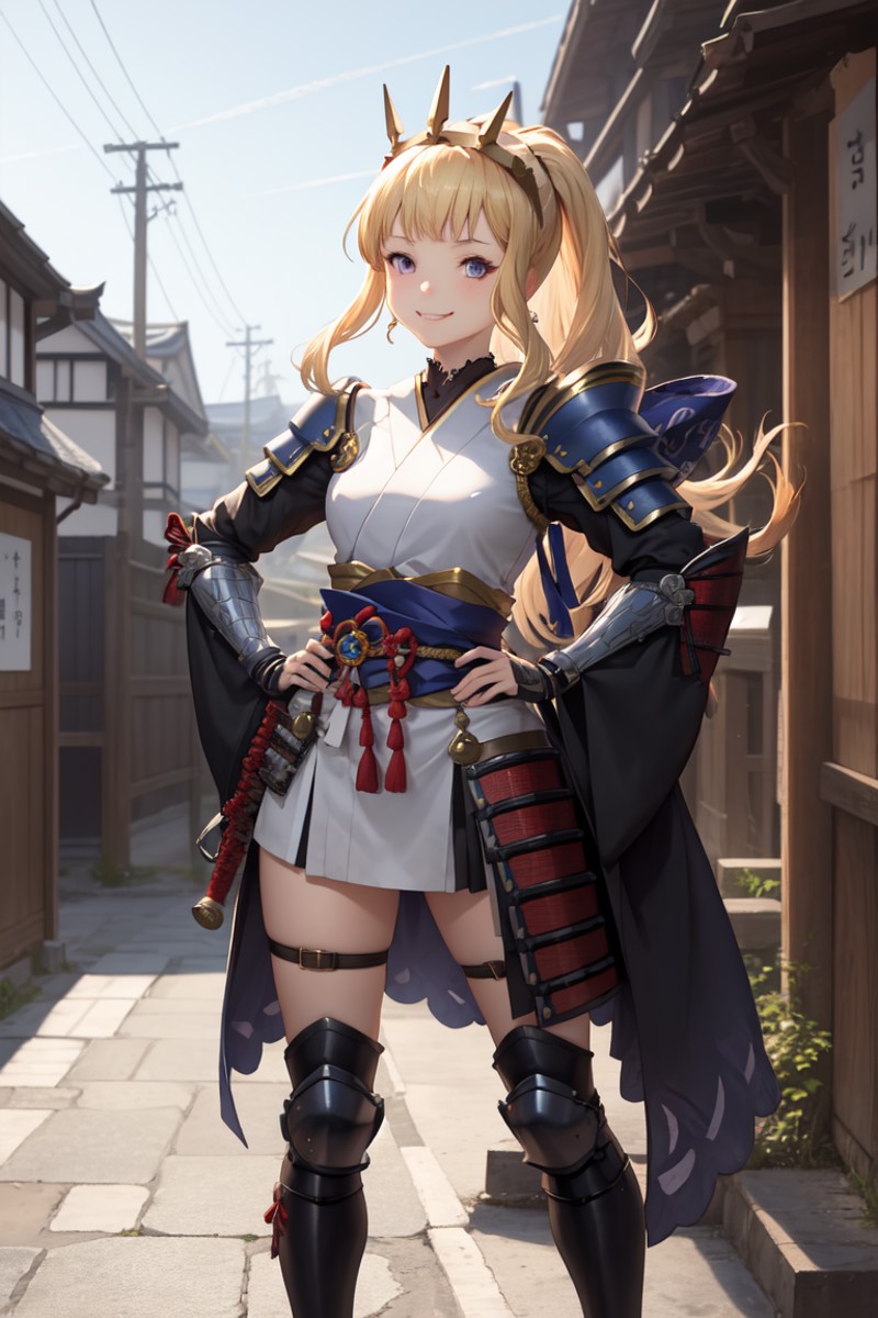 masterpiece, best quality, absurdres, perfect anatomy, 1girl, solo, Cagliostro, long hair, (samurai), japanese armor, mask...